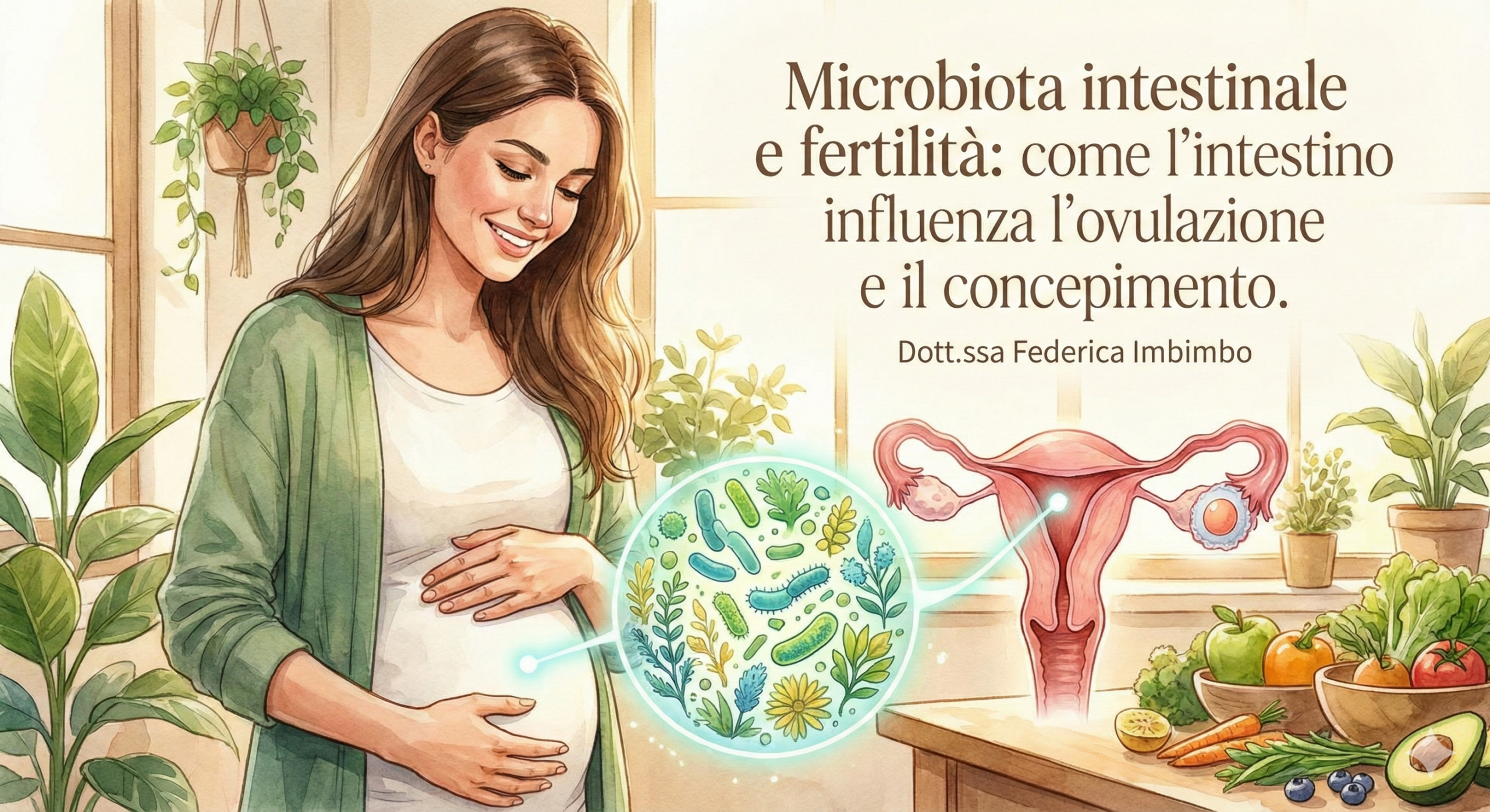 Illustrazione artistica di una donna in gravidanza che mostra il legame tra microbiota intestinale e apparato riproduttivo, con icone di batteri benefici e alimenti sani per la fertilità.