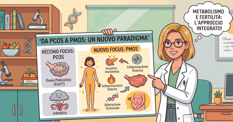 Vignetta illustrata che spiega il passaggio da PCOS a PMOS, mostrando una specialista in camice bianco che presenta un poster sul nuovo paradigma della fertilità integrata, incentrato su insulino-resistenza, infiammazione ovarica e salute riproduttiva.